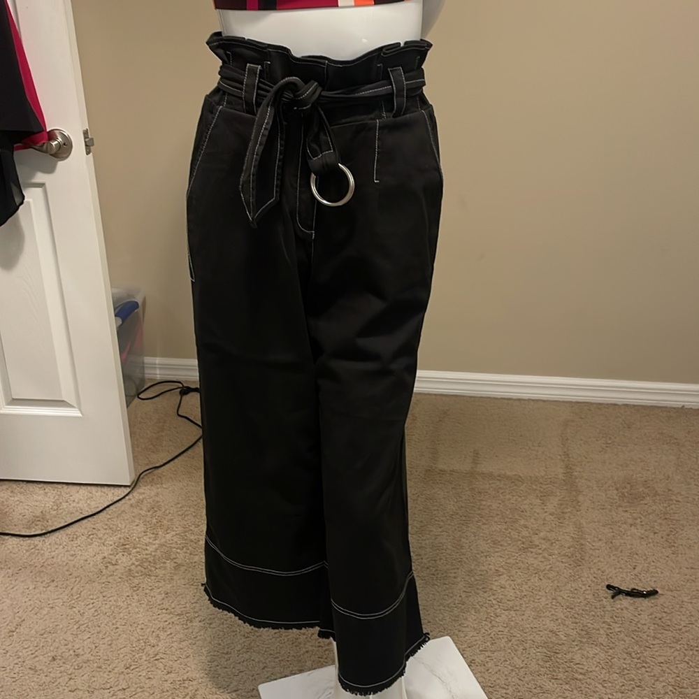 Cinq a Sept Giles Paperbag High Waist Wide Leg Black Denim Crop Pants 4 NWOT